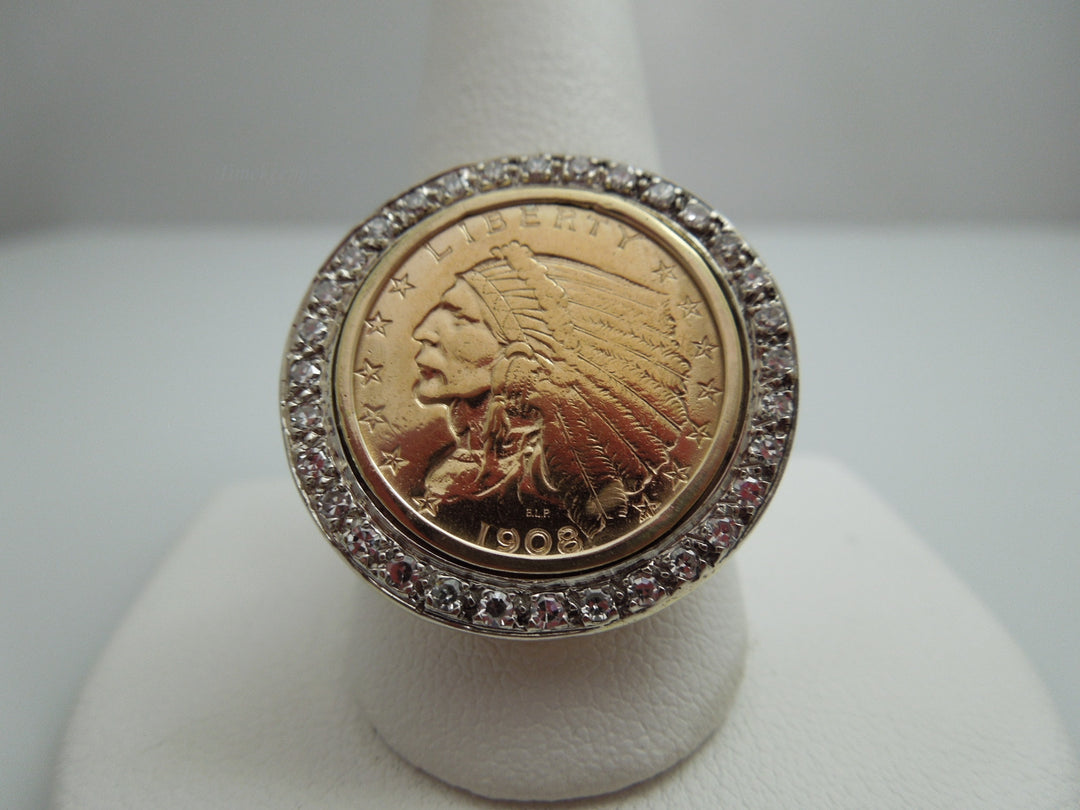 g771 Stunning Men's 18kt Yellow Gold 1908 Liberty Coin Ring with Diamond Bezel