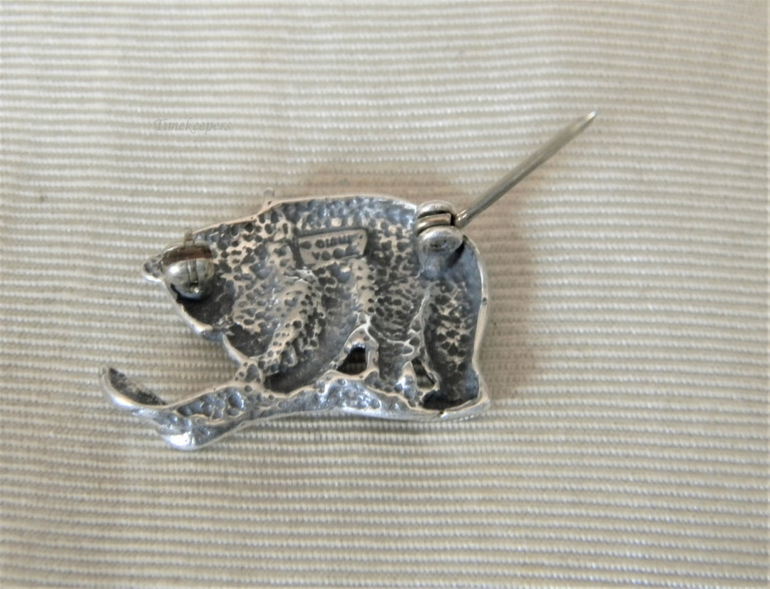 p096 Great Preowned Bear Writing a List Brooch in Silver Tone