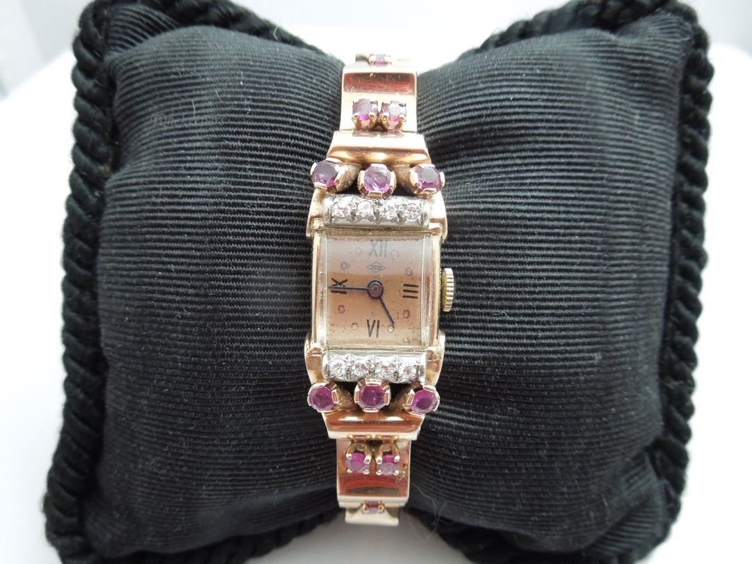 g787 Gorgeous Ladies Antique 14kt Rose Gold Diamond and Ruby Pery Wristwatch