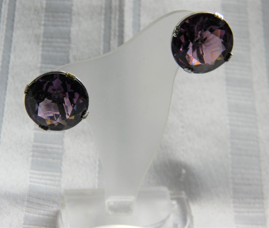 p107 Pretty Silver Tone Clip on Earrings with Faceted Purple Glass Stones