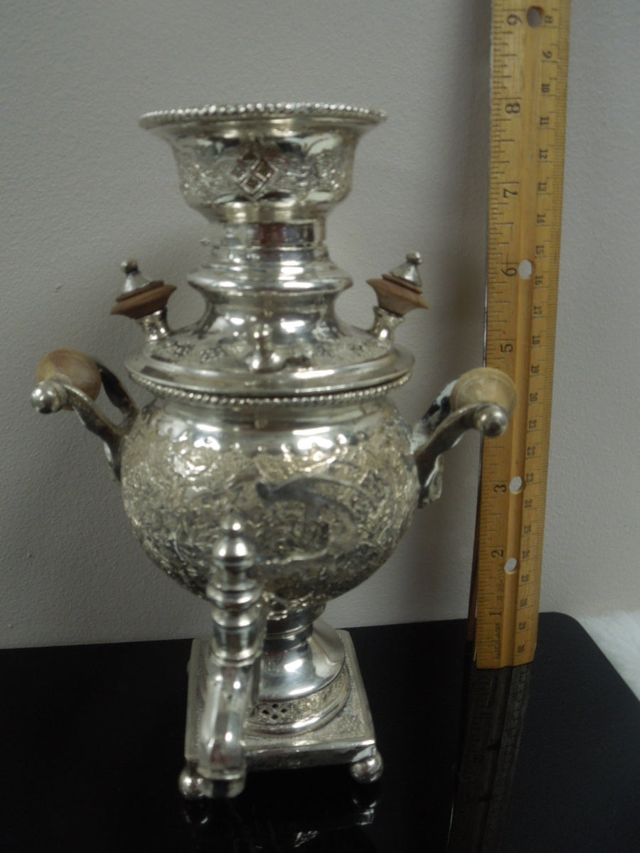 q866 Antique Rare Russian  Souvenir Mini Miniature Silver Plating Samovar 1898