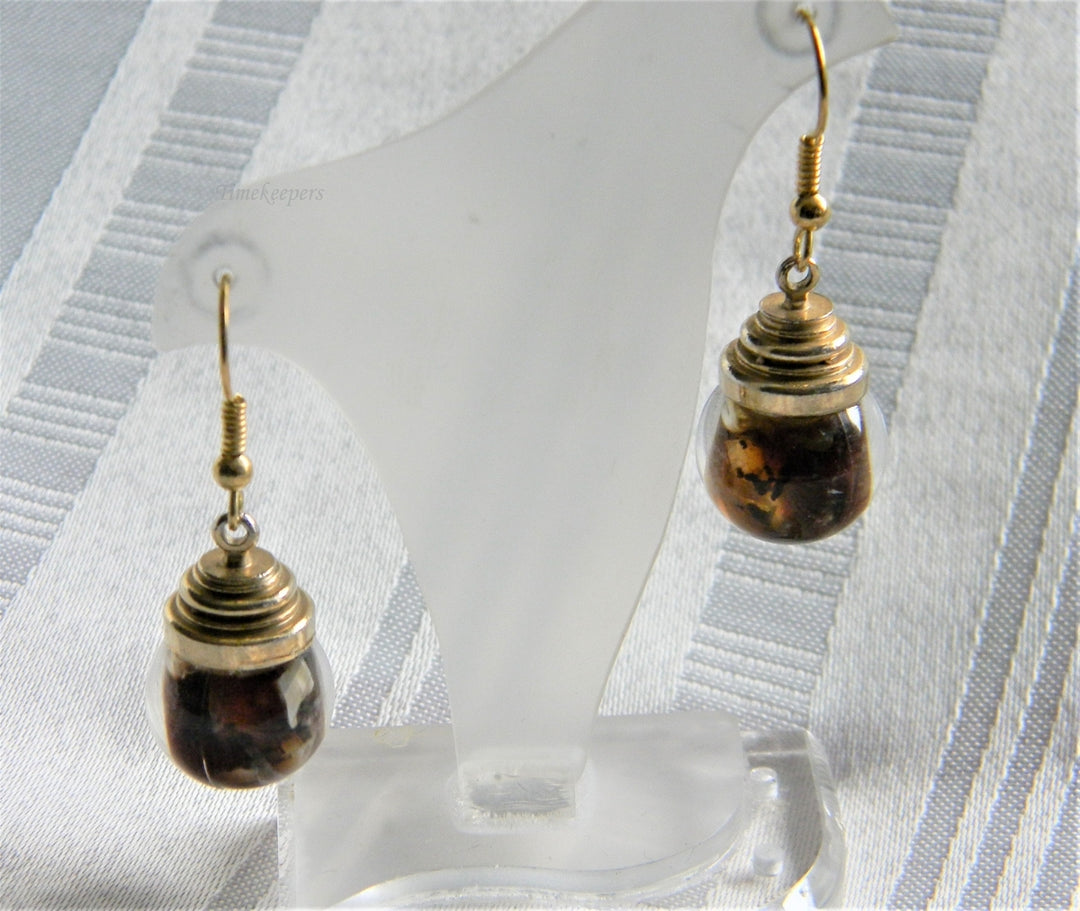 p109 Pretty Gold Tone Drop Earrings with Glass Balls Filled with Water and Stone