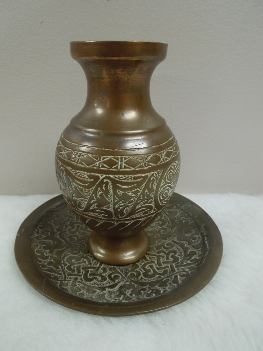 q867 Small Antique Chinese Etched Brass Bud Vase 5" and plate