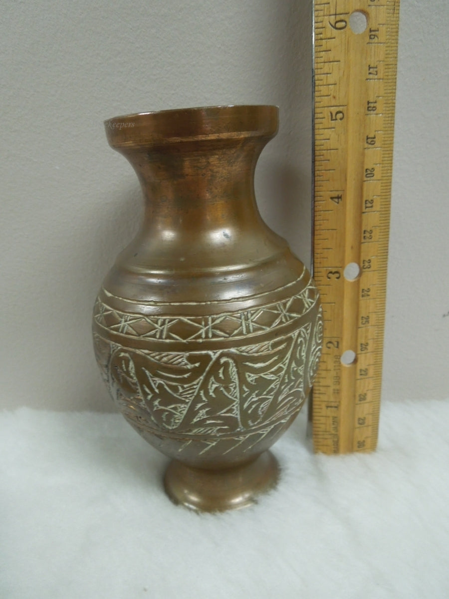 q867 Small Antique Chinese Etched Brass Bud Vase 5" and plate