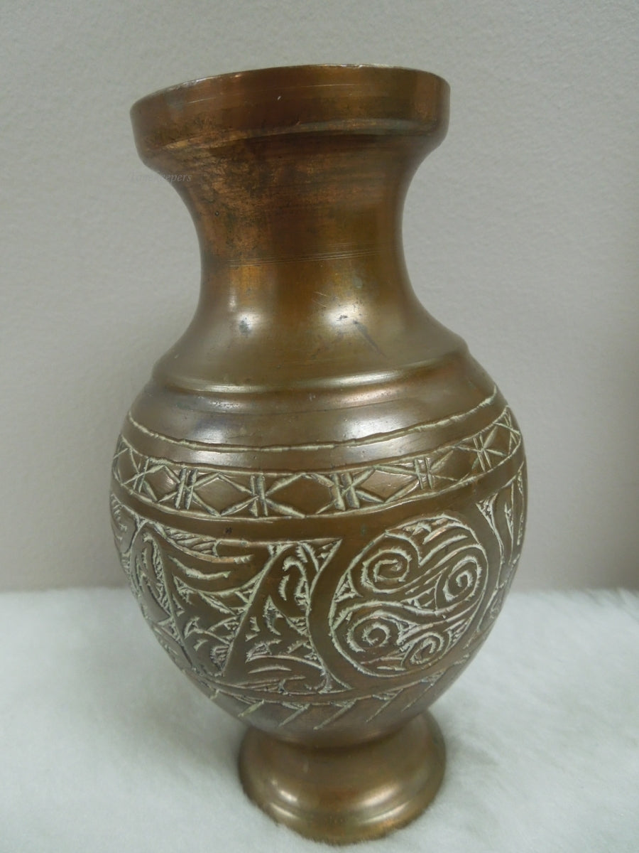 q867 Small Antique Chinese Etched Brass Bud Vase 5" and plate