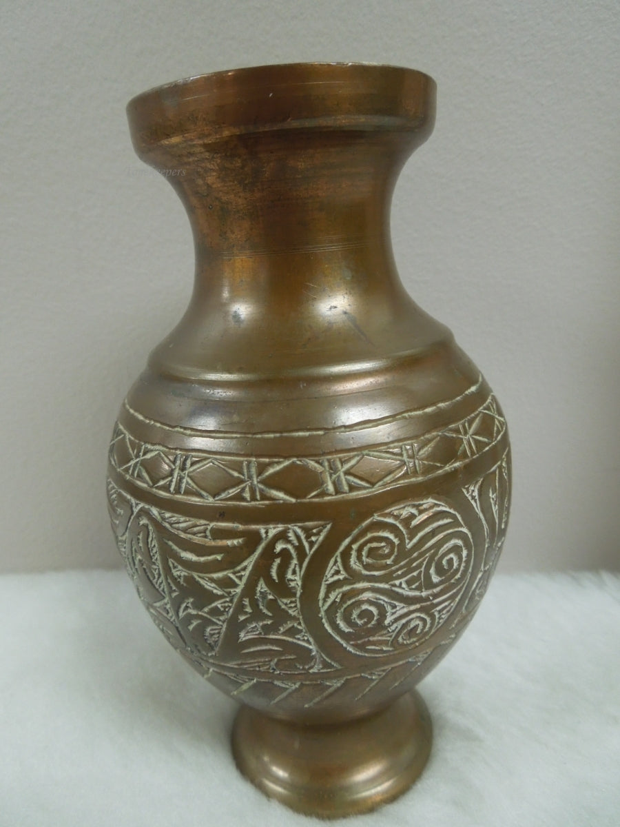 q867 Small Antique Chinese Etched Brass Bud Vase 5 and plate