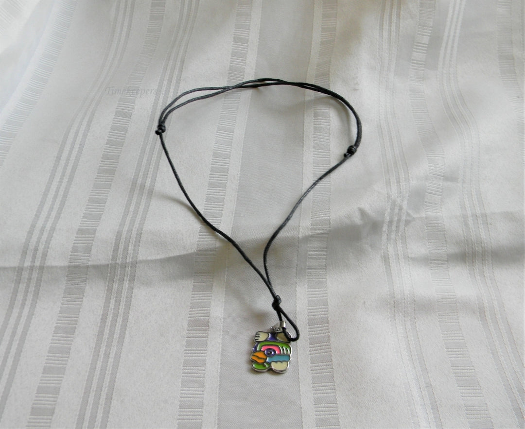 p153 Unique Stainless Steel Enamel Aztec Style Necklace on Black Cord