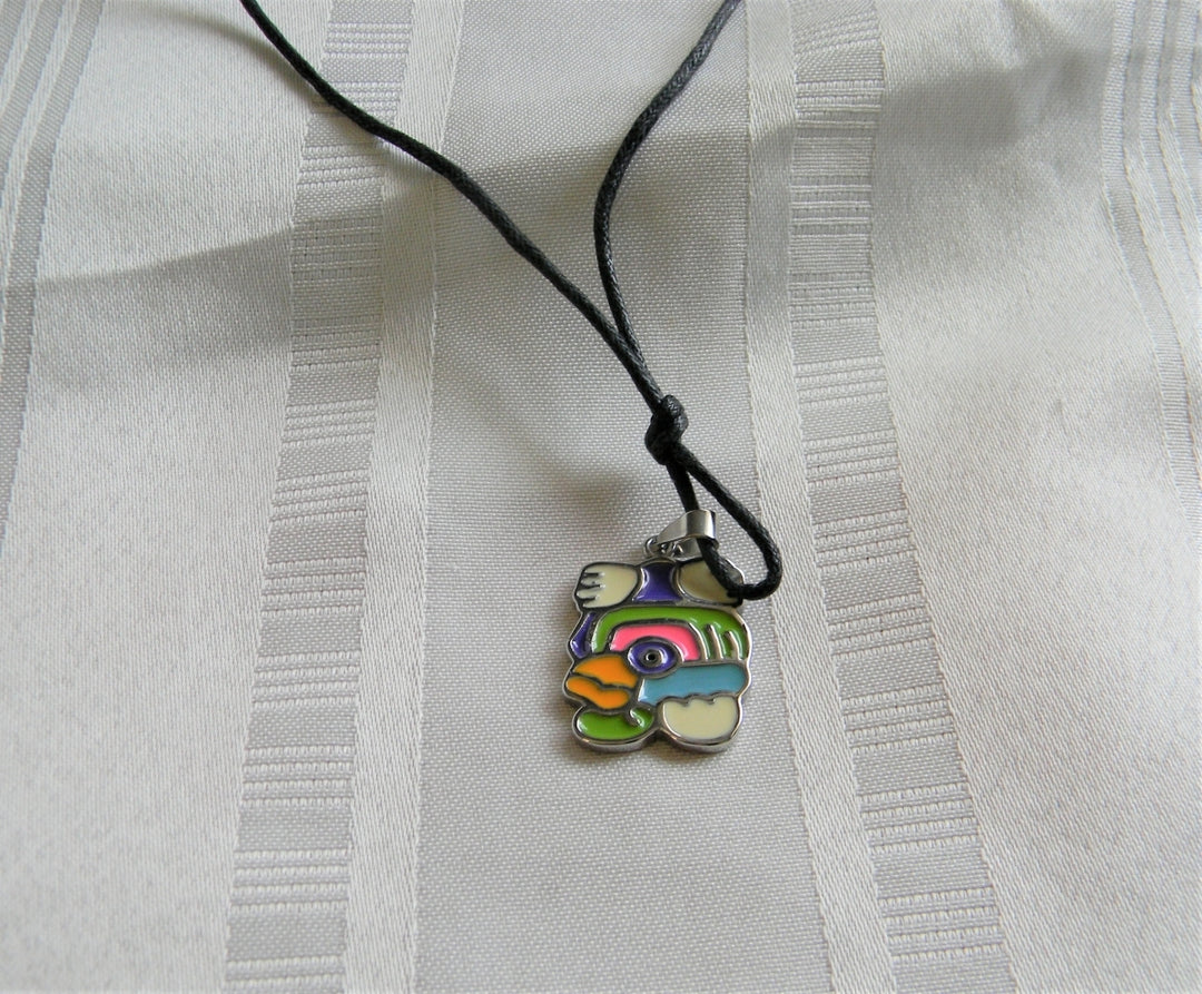 p153 Unique Stainless Steel Enamel Aztec Style Necklace on Black Cord