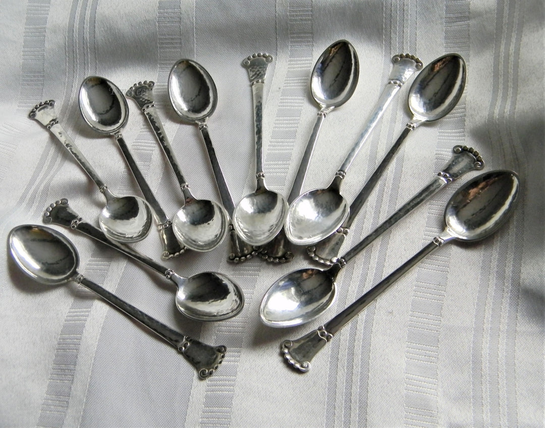 p162 Vintage Sterling set of 12 Demitasse Spoons with Hammered Pattern Danish