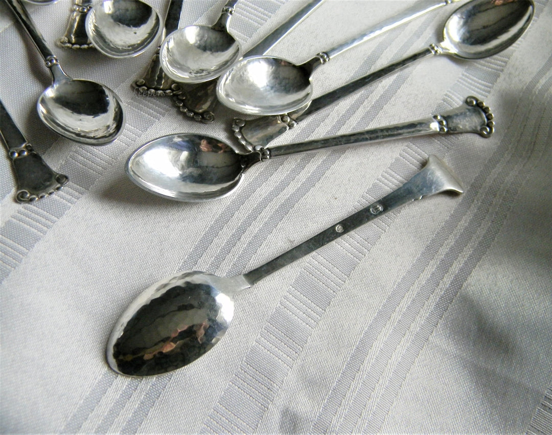 p162 Vintage Sterling set of 12 Demitasse Spoons with Hammered Pattern Danish