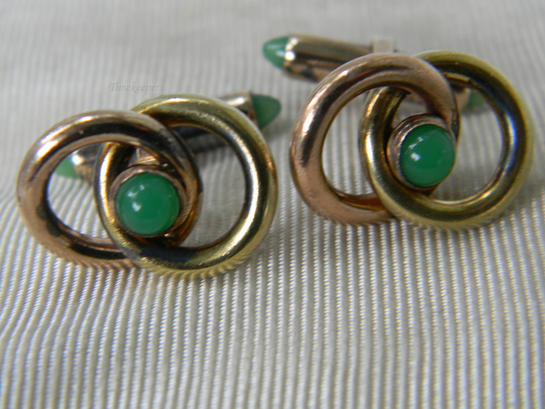 j925 Handsome Krementz Entwined Circles Gold Tone Cufflinks with Green Stones