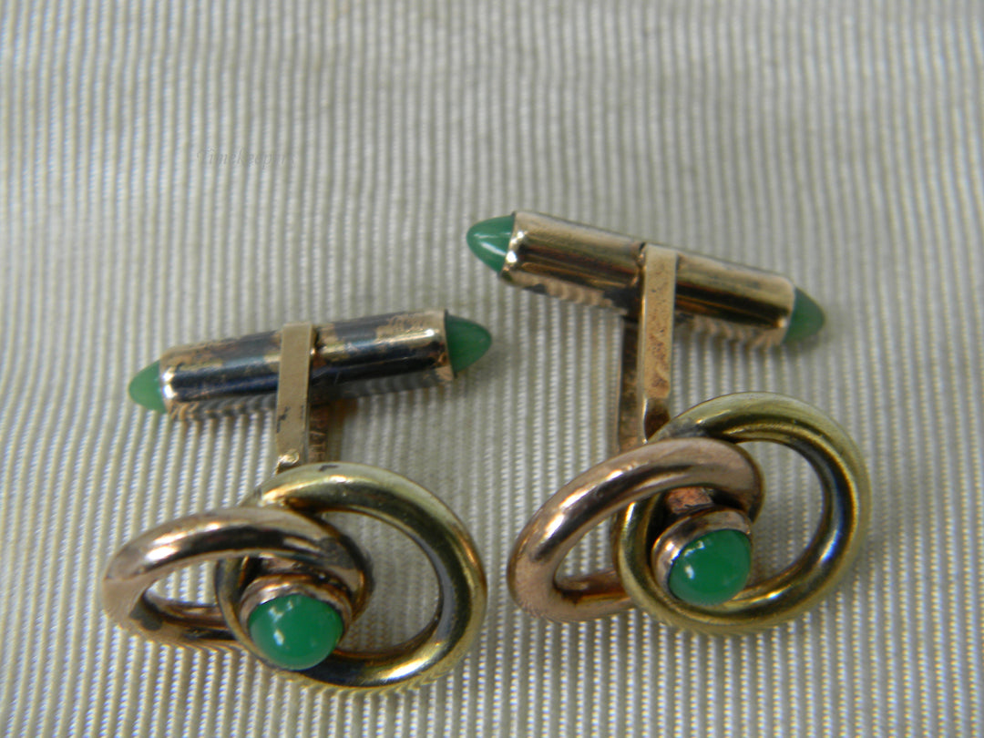 j925 Handsome Krementz Entwined Circles Gold Tone Cufflinks with Green Stones