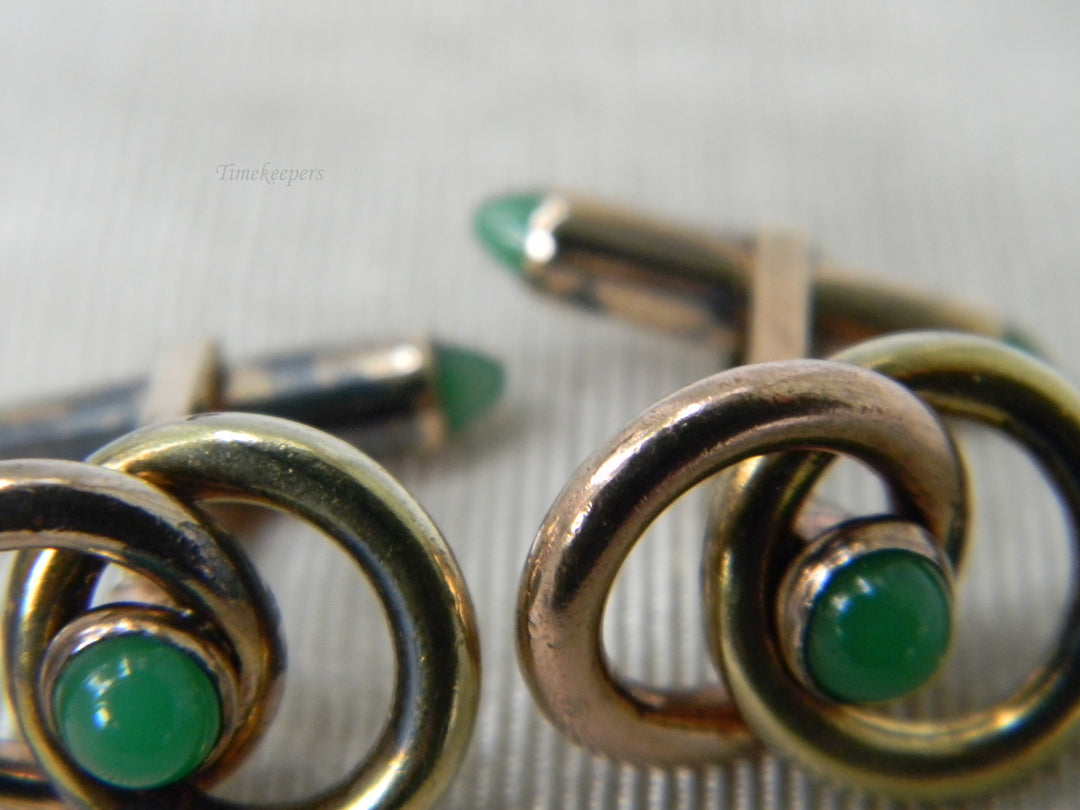 j925 Handsome Krementz Entwined Circles Gold Tone Cufflinks with Green Stones