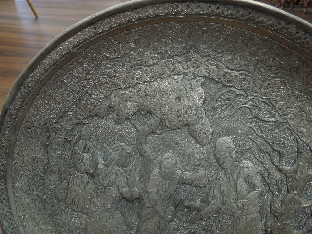 s384 Antique Fine engraved Persian Indian Mughal Silver plate Figural Scene 1900s