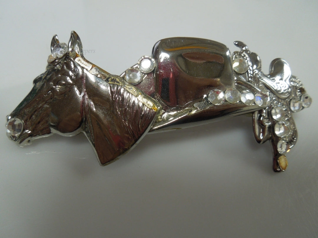 q950 Vintage Horse Head Silver Tone Rhinestones Hair Barrette Clip