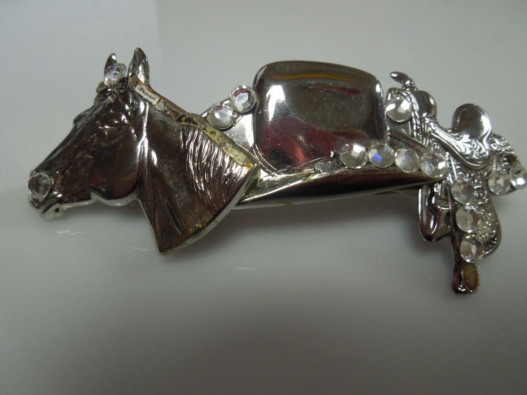 q950 Vintage Horse Head Silver Tone Rhinestones Hair Barrette Clip