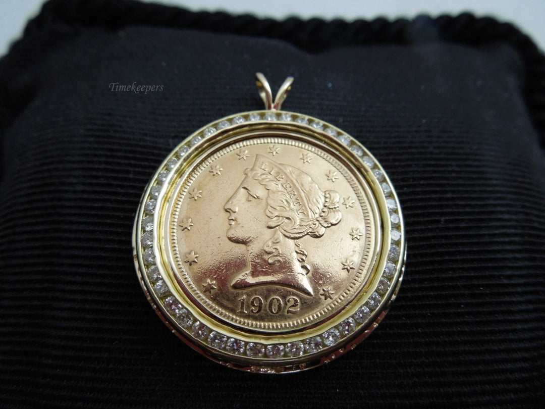 g884 Stunning Unisex 14kt Yellow Gold 1902 Liberty Coin Pendant with Diamond Bezel