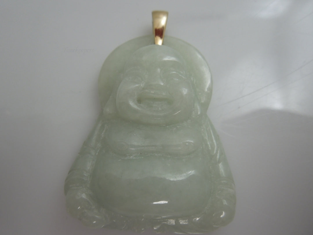 g956 Large Unisex Jade Buddha Pendant with 14kt Yellow Gold Bail