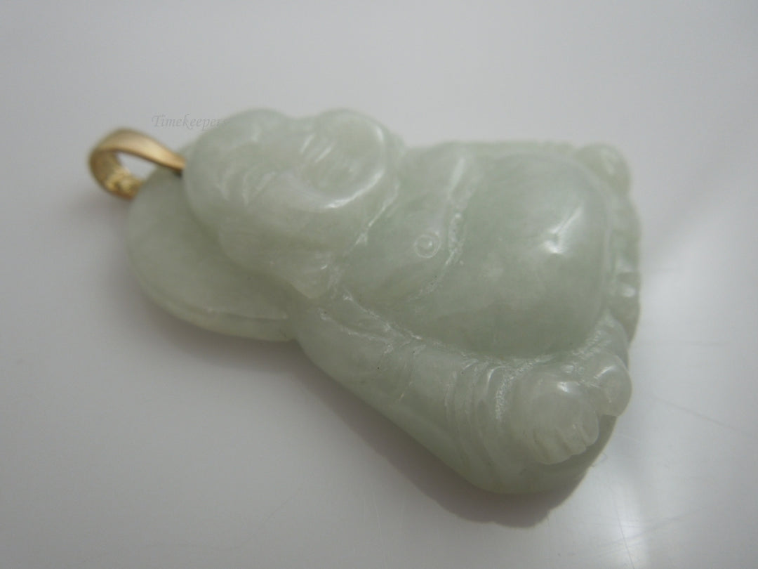 g956 Large Unisex Jade Buddha Pendant with 14kt Yellow Gold Bail