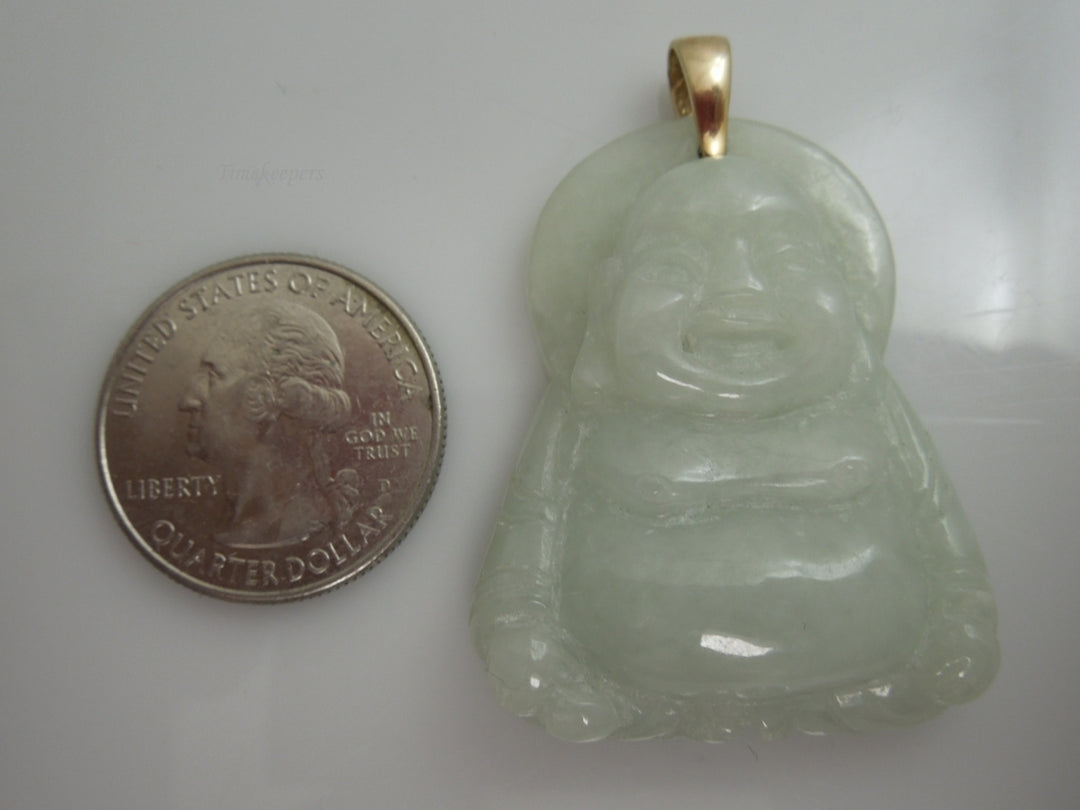 g956 Large Unisex Jade Buddha Pendant with 14kt Yellow Gold Bail