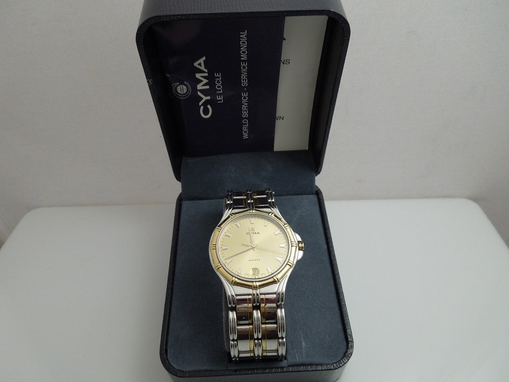 h987 Nice Luxury Men's Cyma Le Locle Two Tone Wristwatch with Date in Box