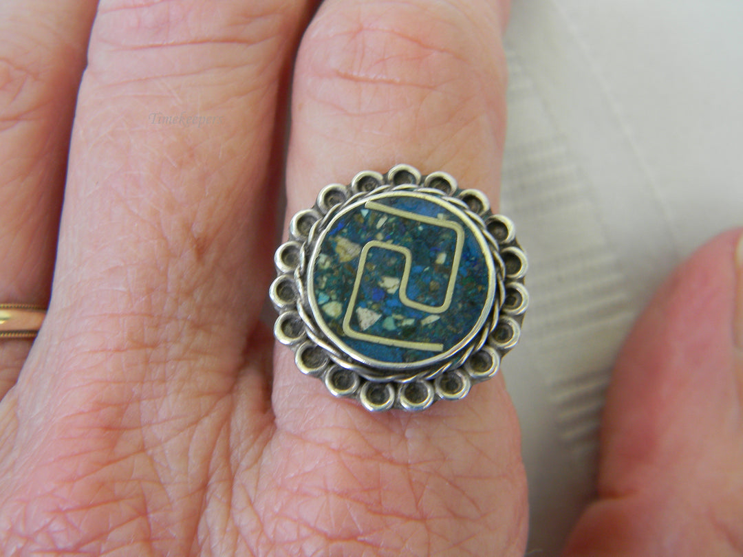 j990 Unique Vintage Sterling Silver Crushed Blue Stone Ring Size 6.5