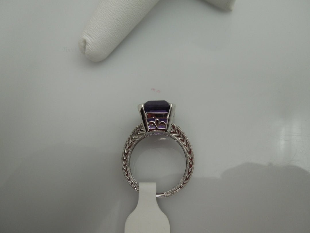 a350 Beautiful Large Emerald Cut Purple 6 Diamonds 14k White Gold Ring Sz 6.25