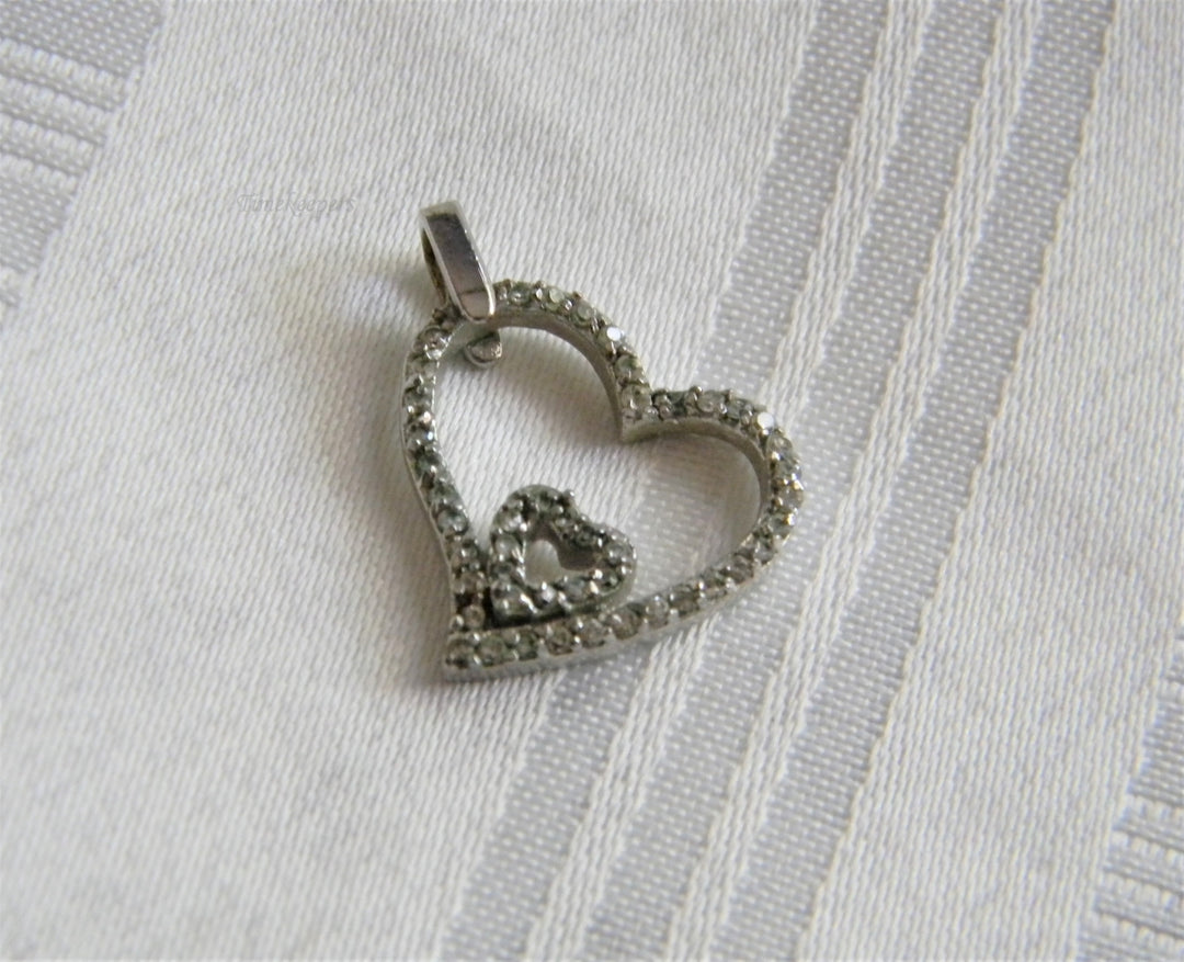 p246 Vintage Silver Tone Double Heart Pendant/ Charm with Rhinestones (No Chain)