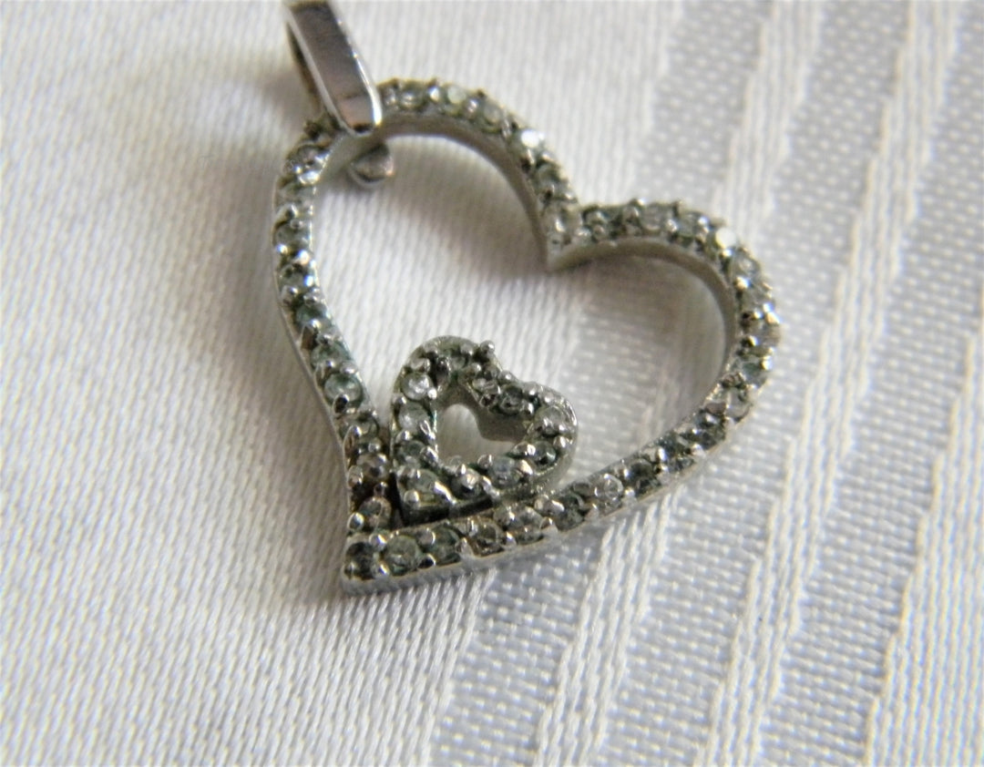 p246 Vintage Silver Tone Double Heart Pendant/ Charm with Rhinestones (No Chain)