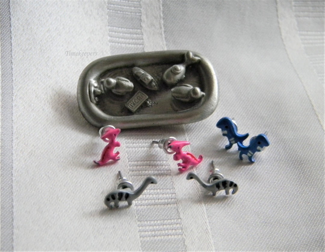 p258 Four Pair Cute Enamel and Silver Tone Stud Earrings Dino's and Ducks