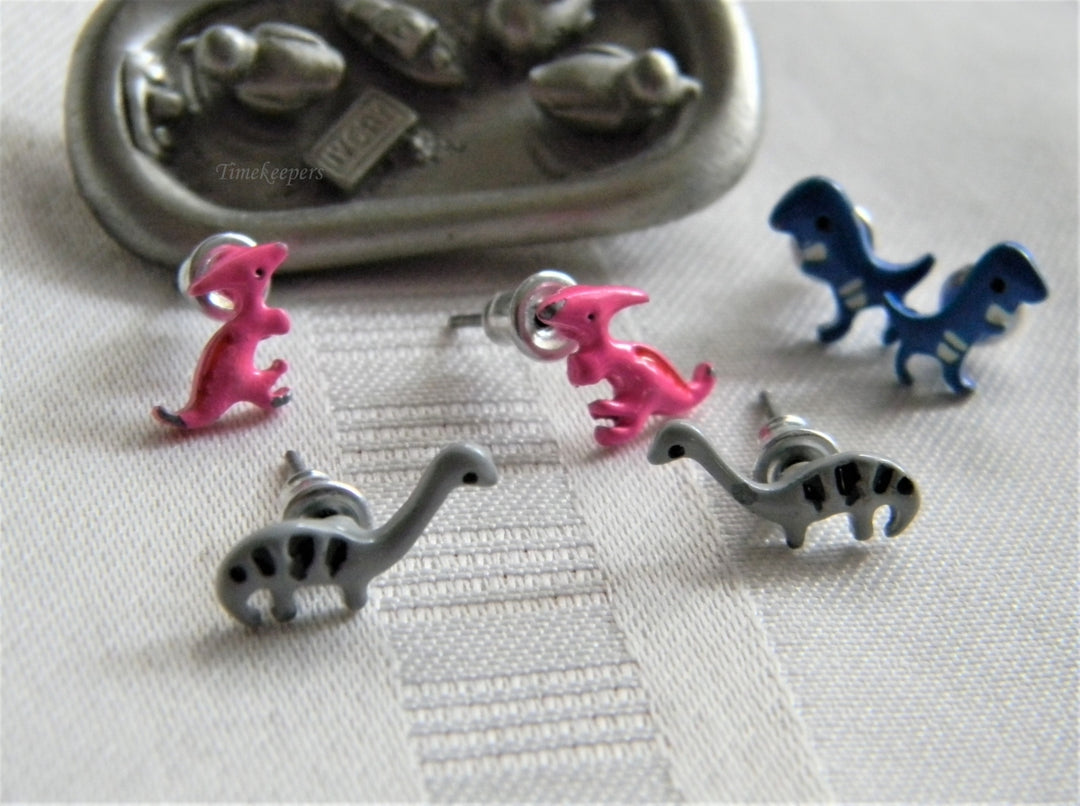 p258 Four Pair Cute Enamel and Silver Tone Stud Earrings Dino's and Ducks