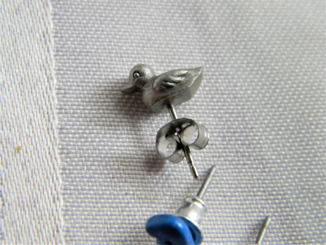 p258 Four Pair Cute Enamel and Silver Tone Stud Earrings Dino's and Ducks