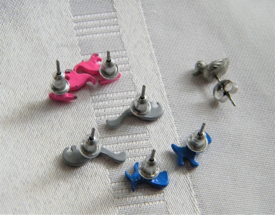 p258 Four Pair Cute Enamel and Silver Tone Stud Earrings Dino's and Ducks