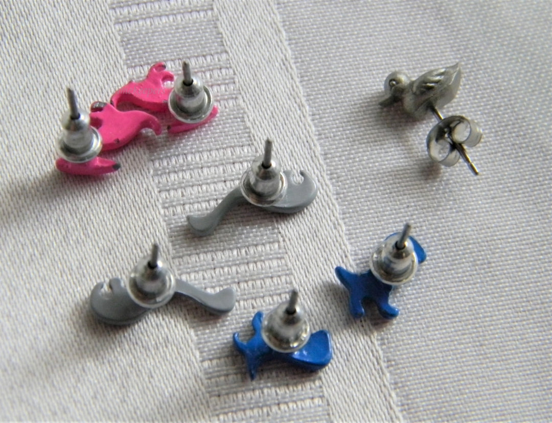 p258 Four Pair Cute Enamel and Silver Tone Stud Earrings Dino's and Ducks