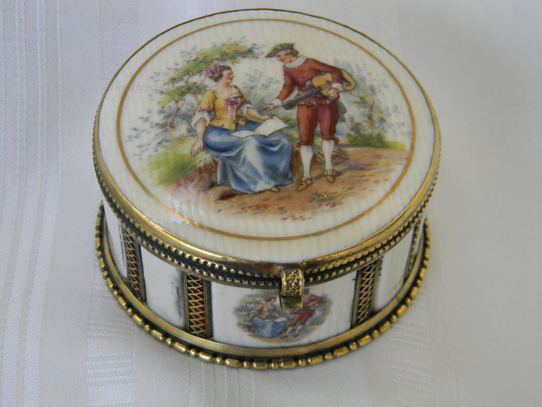 h390 Lovely Basco Porcelain &amp; Gold Tone Round Trinket Box