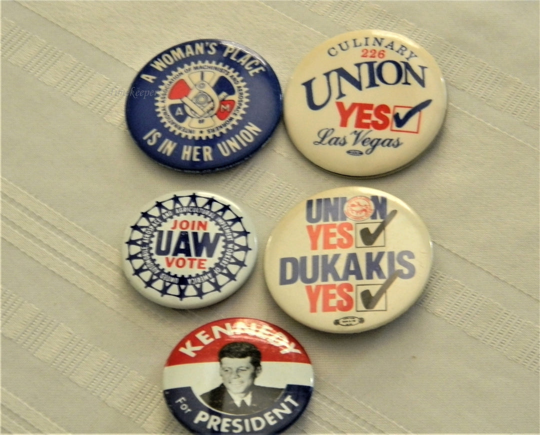 p267 Lot of Five Campaign Buttons, Union, Dukakis, and Kennedy