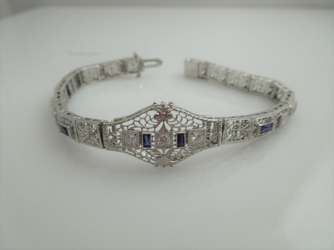 a178 Stunning Ladies Vintage 14kt White Gold Diamond and Sapphire Filigree Bracelet