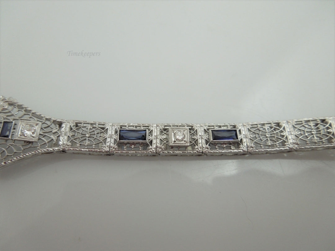 a178 Stunning Ladies Vintage 14kt White Gold Diamond and Sapphire Filigree Bracelet