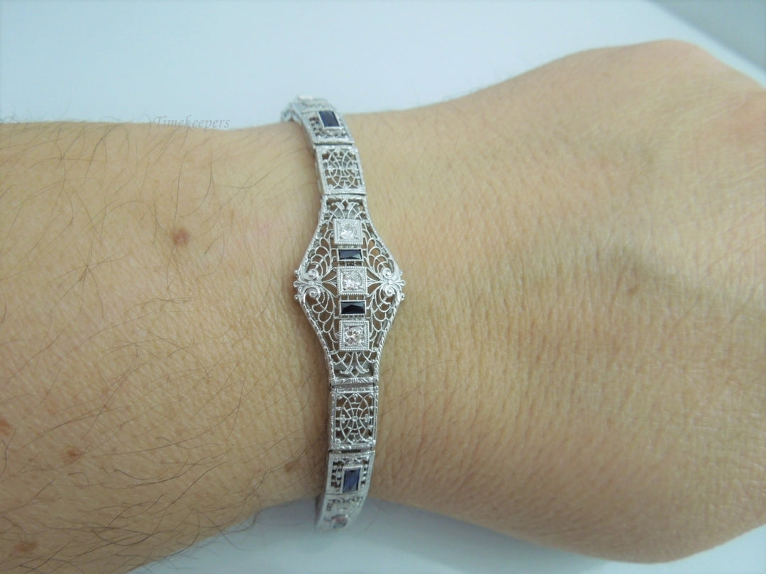 a178 Stunning Ladies Vintage 14kt White Gold Diamond and Sapphire Filigree Bracelet