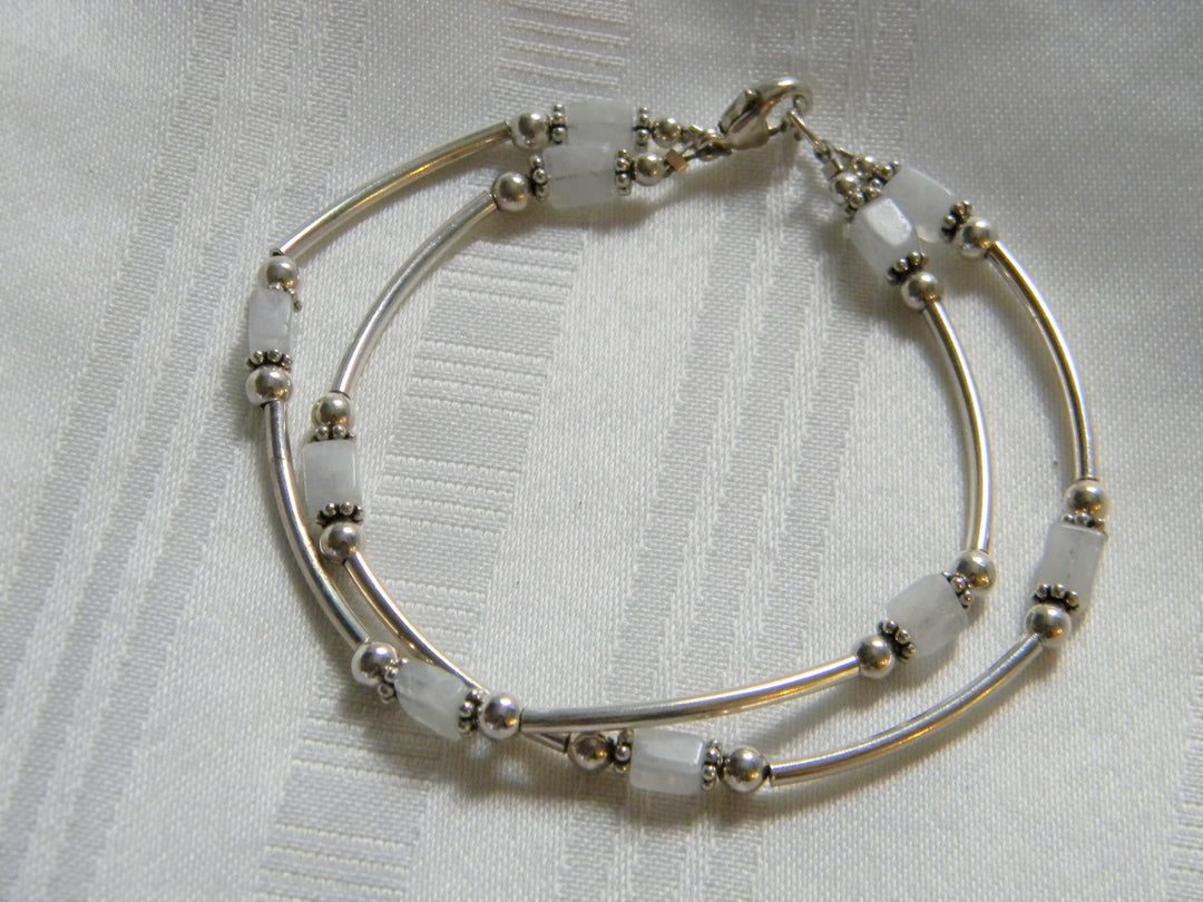 h420 Beautiful Beaded Two Strand Sterling Silver Bracelet with White Stones