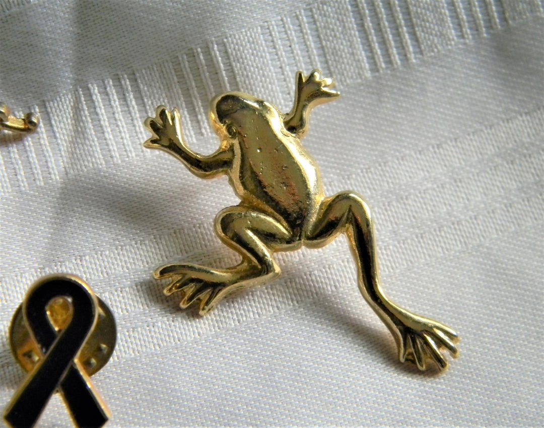 p314 Lot of Six Lapel Pins Frog, Butterfly, Umbrella, Etc. in Gold Tone