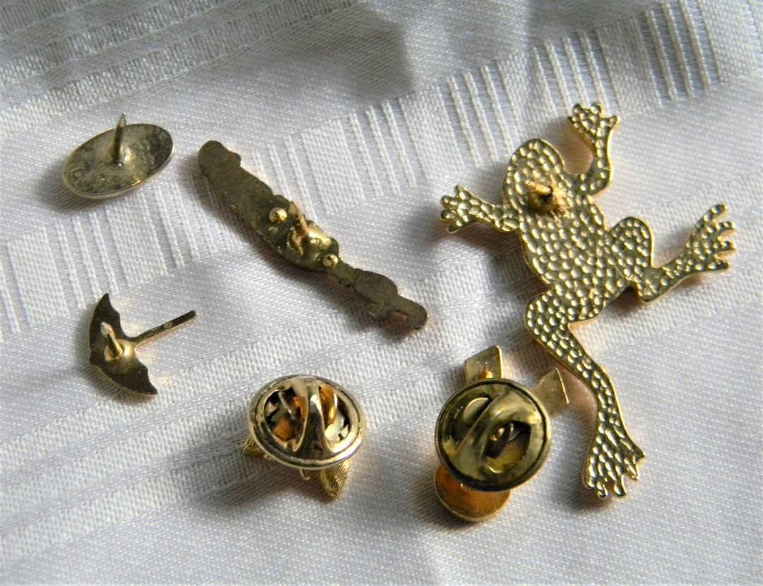 p314 Lot of Six Lapel Pins Frog, Butterfly, Umbrella, Etc. in Gold Tone