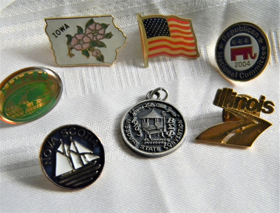 p315 Lot of Six Lapel Pins and Pendant Iowa, Nova Scotia, Illinois, Etc.