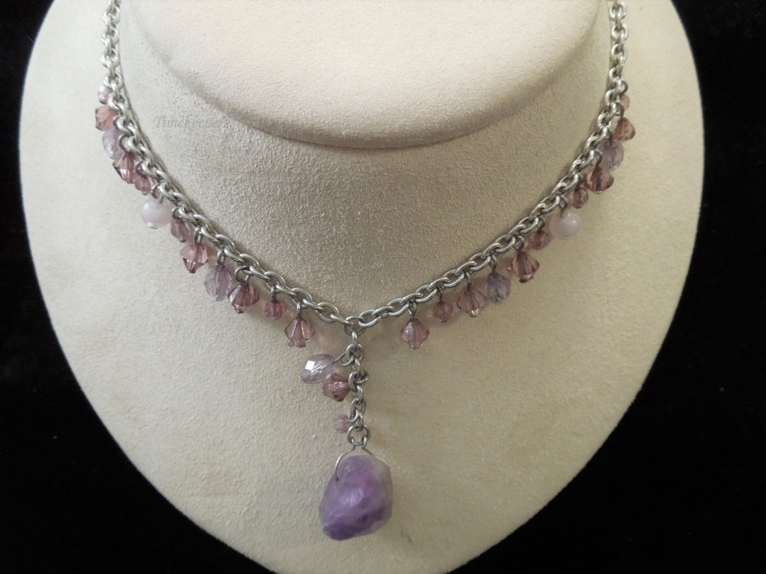 g992 Lovely Silver Tone Amethyst Beaded 15" Necklace