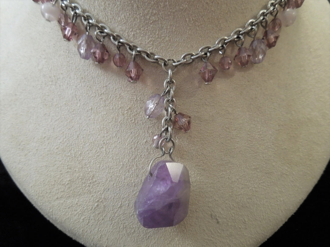 g992 Lovely Silver Tone Amethyst Beaded 15" Necklace