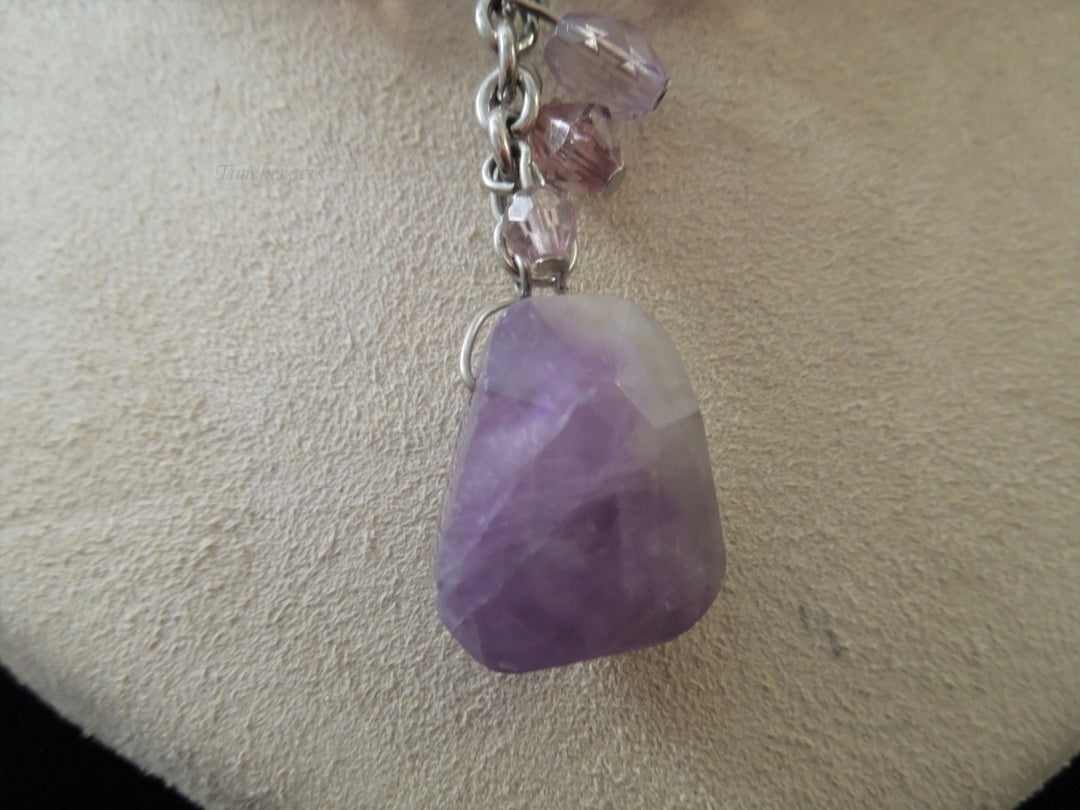 g992 Lovely Silver Tone Amethyst Beaded 15" Necklace