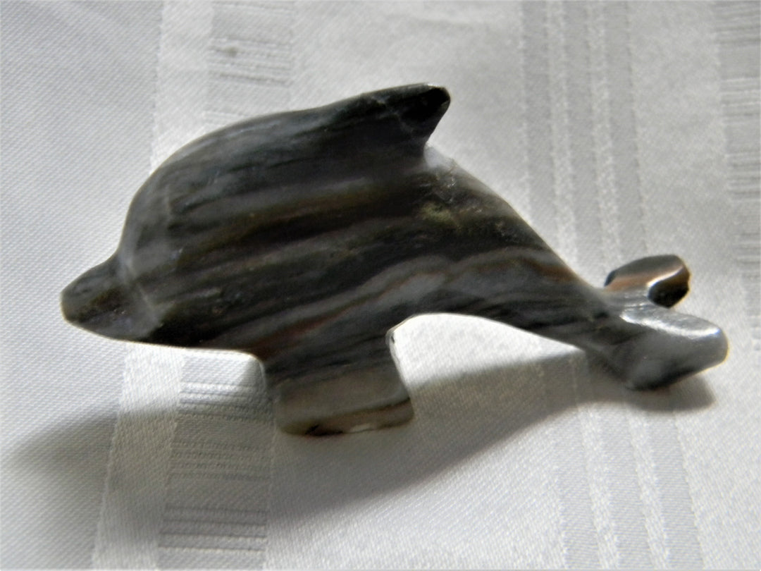 h443 Vintage Small Carved Black Marble Dolphin Statue