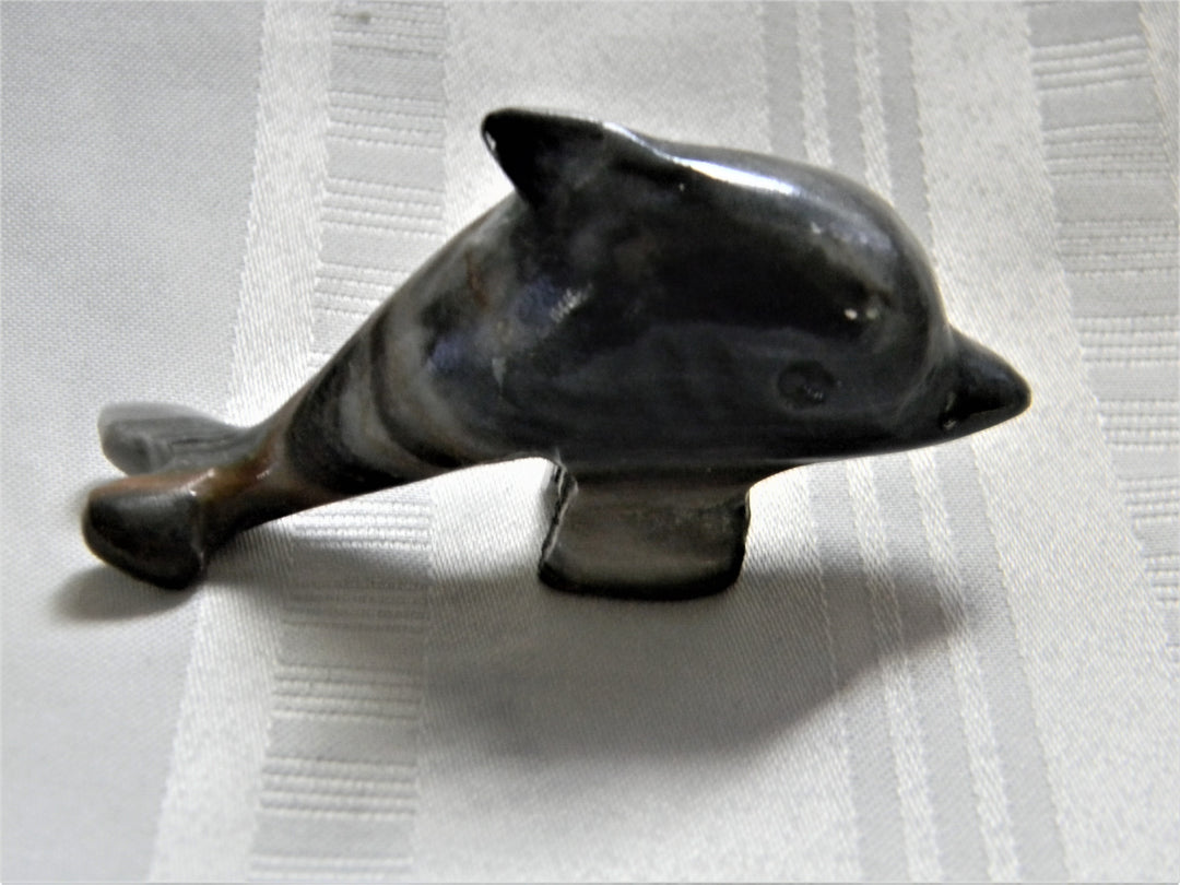 h443 Vintage Small Carved Black Marble Dolphin Statue