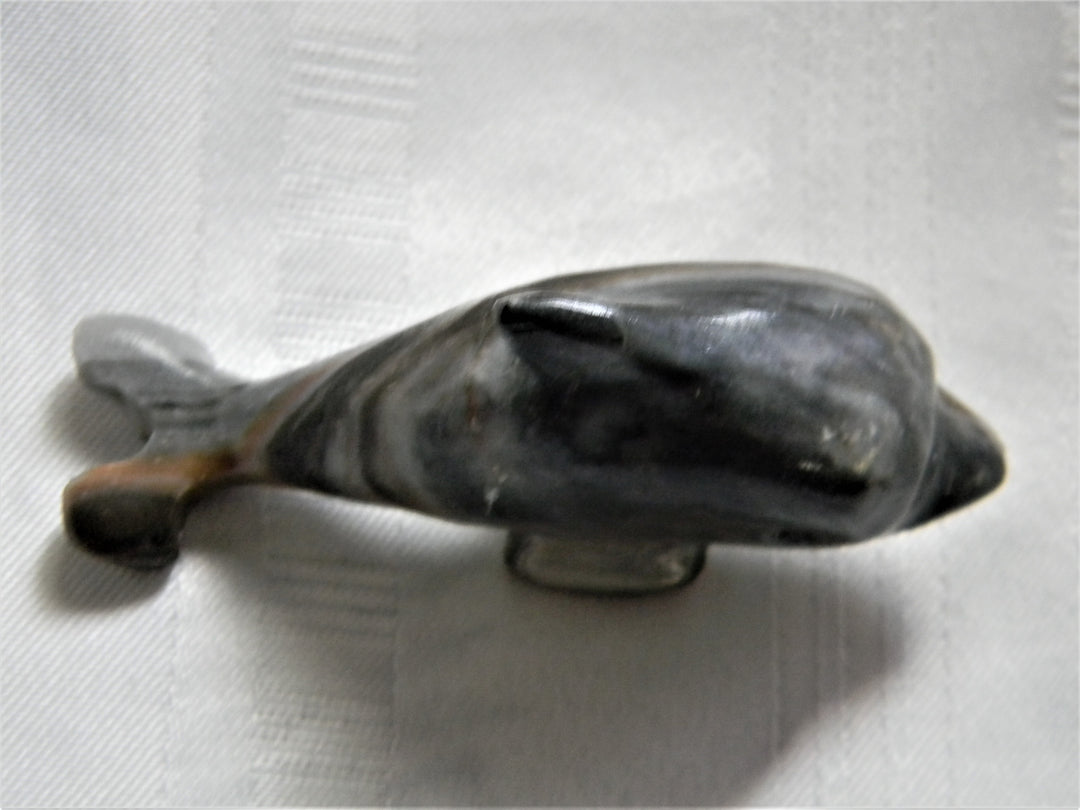 h443 Vintage Small Carved Black Marble Dolphin Statue