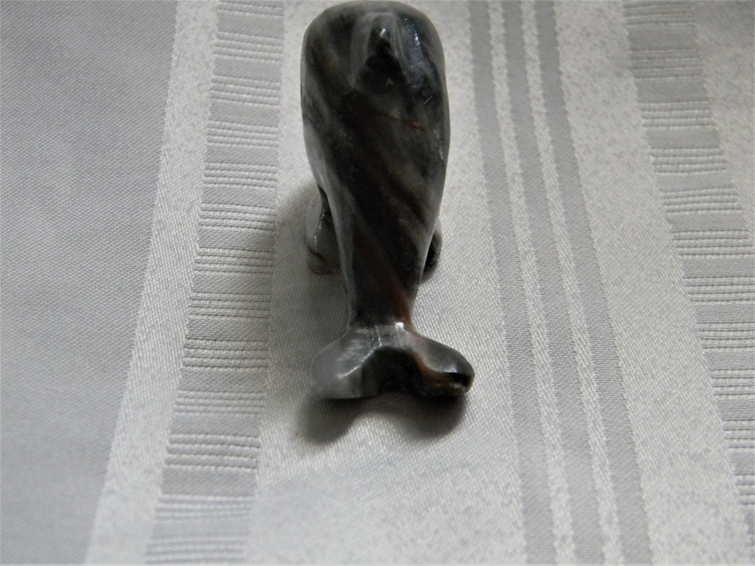 h443 Vintage Small Carved Black Marble Dolphin Statue